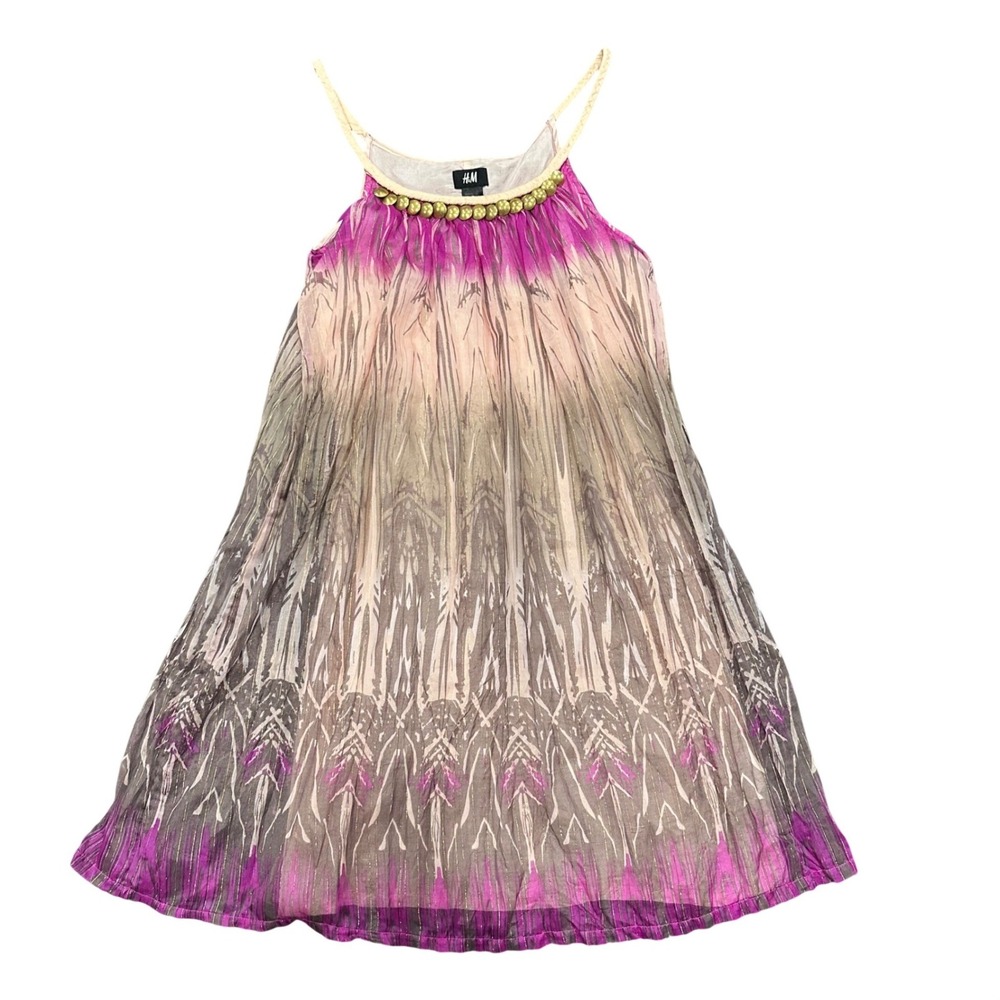 HM Womens Purple Grey Beaded Neckline Ikat Mini Dress Gold Metallic Size 2